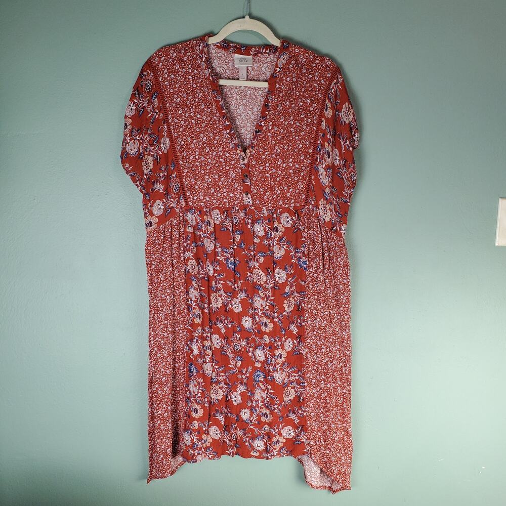 Knox Rose Womens Orange Blue Floral V-Neck Short Sleeve Midi Dress Size Large